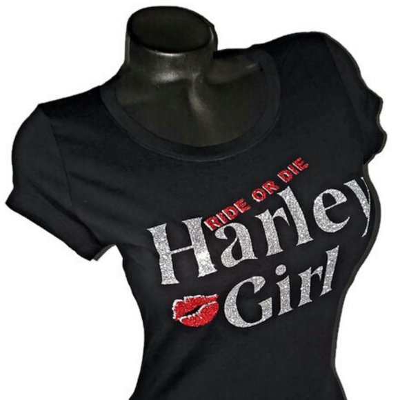 Harley Girl Ride or Die Fitted Spandex Black Tee with Shiny Lettering. - Picture 4 of 7